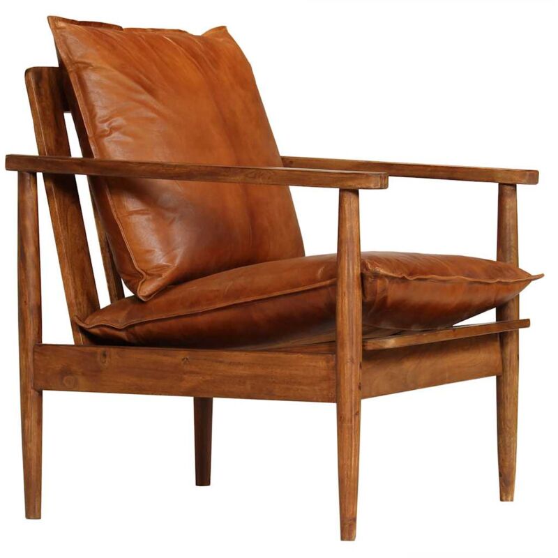 Sillón de cuero auténtico marrón con madera de acacia vidaXL