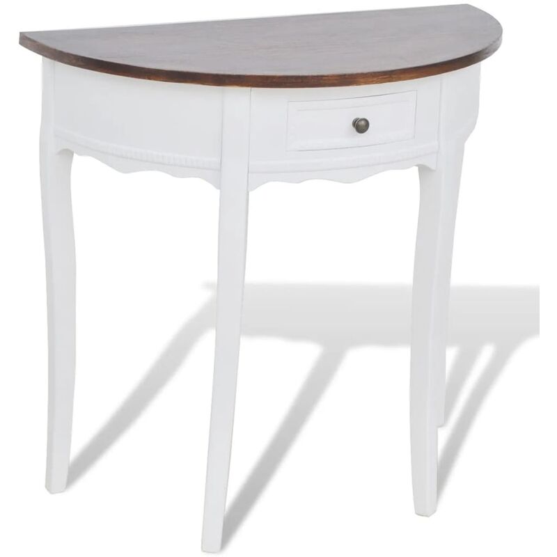 Mesa consola semicircular con cajón blanca y superficie marrón vidaXL