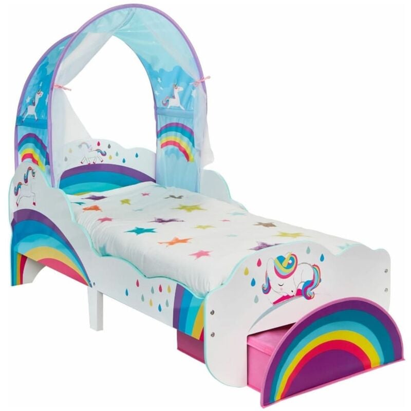 Hellohome Cama Infantil de unicornio y arco iris con dosel worlds apart compatible colchón142x77x128 cm 142x77x138