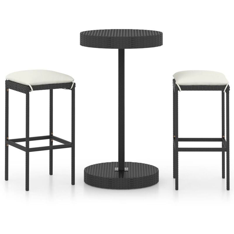 Set muebles bar jardín 3 piezas y cojines ratán sintético negro vidaXL