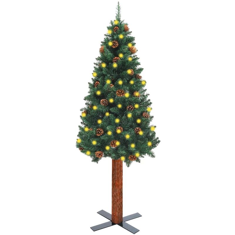Árbol de Navidad estrecho LED madera real y conos verde 150 cm vidaXL