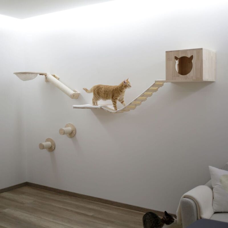 Juego de 5 estantes de pared para gatos, escalador de madera estable para  gatos, parque de pared con casa para gatos, puente para gatos, árbol para