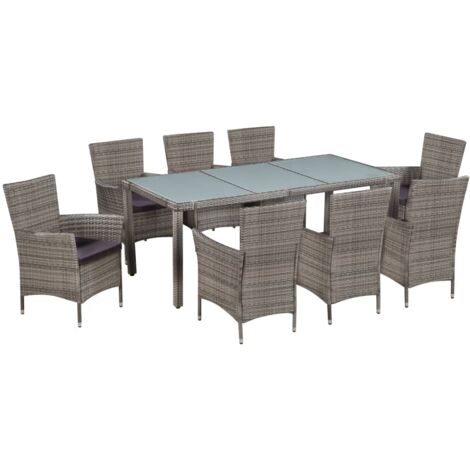 Set de comedor de jardín 9 pzas y cojines ratán sintético gris vidaXL