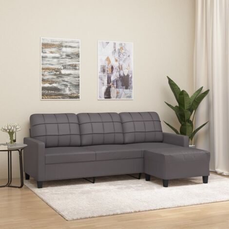 Sofá de 3 plazas con taburete cuero sintético gris 180 cm vidaXL