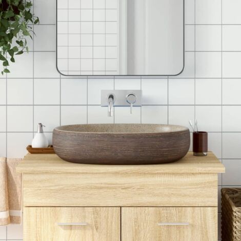 Lavabo sobre encimera ovalado cerámica arena marrón 59x40x14 cm vidaXL
