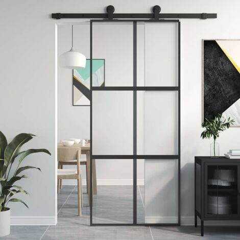 Puerta corredera vidrio templado y aluminio negra 90x205 cm vidaXL