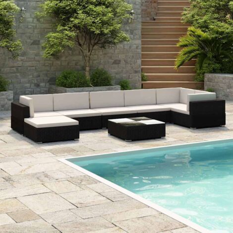 Set muebles de jardín 8 piezas y cojines ratán sintético negro vidaXL