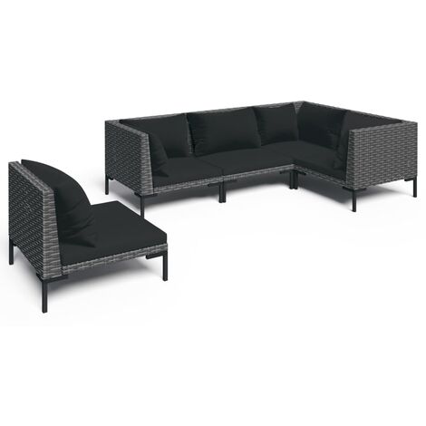 5 PCS conj. Garden Lounge con cojines de mimbre gris oscuro (1/5)