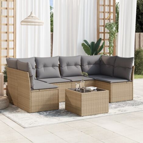 Set sofás de jardín 7 piezas y cojines ratán sintético beige vidaXL