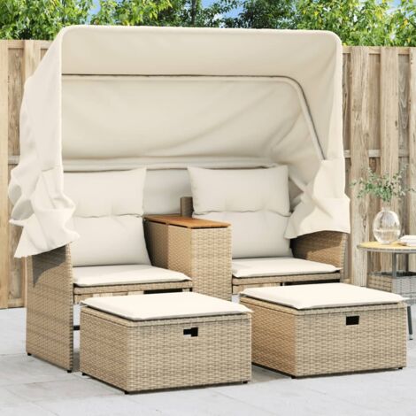 Sofá de jardín 2 plazas con toldo y taburetes ratán PE beige vidaXL