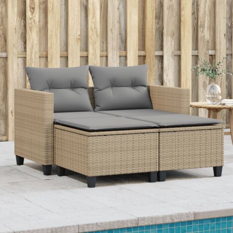 Sofá de jardín 2 plazas con toldo y taburetes ratán PE beige vidaXL