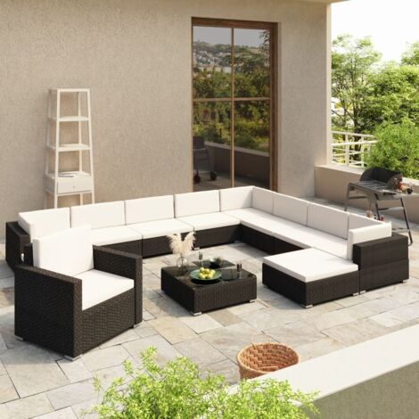 Set muebles de jardín 12 pzas y cojines ratán sintético negro vidaXL