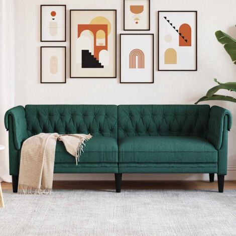 Sofá Chesterfield de 3 plazas tela verde oscuro vidaXL