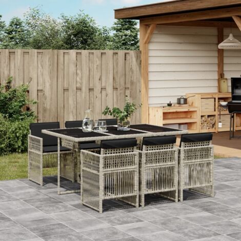 Set comedor jardín 7 pzas y cojines ratán sintético gris claro vidaXL