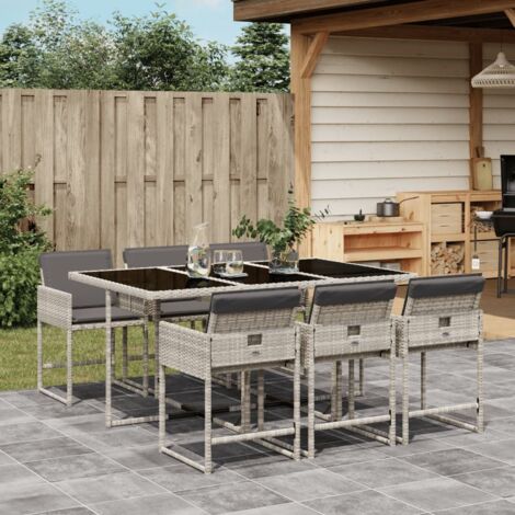 Set comedor jardín 7 pzas y cojines ratán sintético gris claro vidaXL