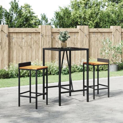 Mesa bar y taburetes jardín 3 pzas madera acacia ratán PE negro vidaXL