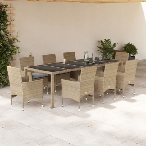 Set comedor jardín 9 pzas cojines ratán sintético vidrio beige vidaXL (1/5)
