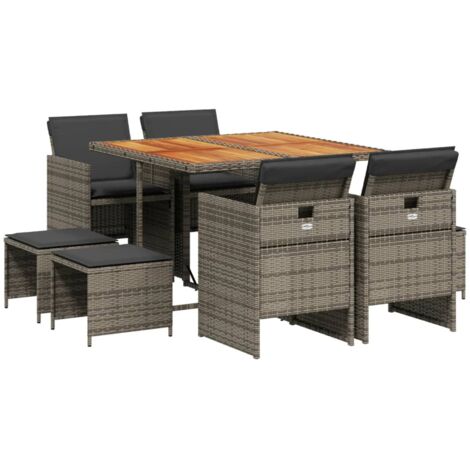 Set comedor jardín 9 pzas y cojines ratán sintético gris