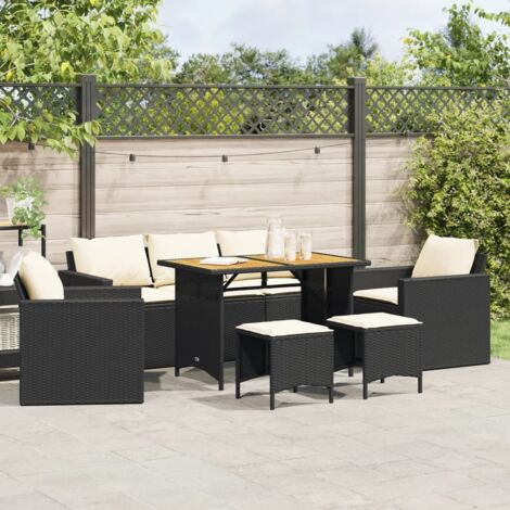 Set de sofás de jardín 6 piezas y cojines ratán sintético negro