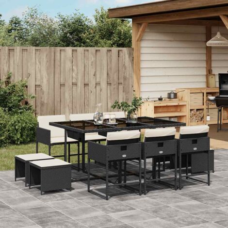 Set de comedor jardín 11 pzas con cojines ratán sintético negro vidaXL