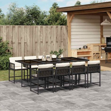 Set de comedor de jardín 9 pzas y cojines ratán sintético negro vidaXL
