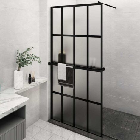 Mampara ducha con estante vidrio ESG y aluminio negro 118x190cm vidaXL