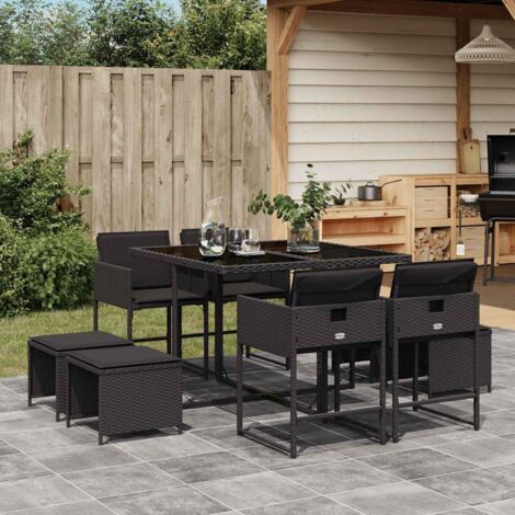 Set de comedor de jardín 9 pzas y cojines ratán sintético negro vidaXL