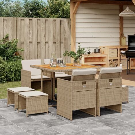 Set comedor de jardín 9 pzas con cojines ratán sintético beige vidaXL