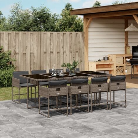 Set comedor jardín 9 pzas y cojines ratán sintético gris vidaXL