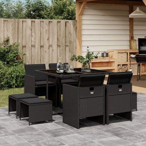Set de comedor de jardín 9 pzas y cojines ratán sintético negro vidaXL (1/5)