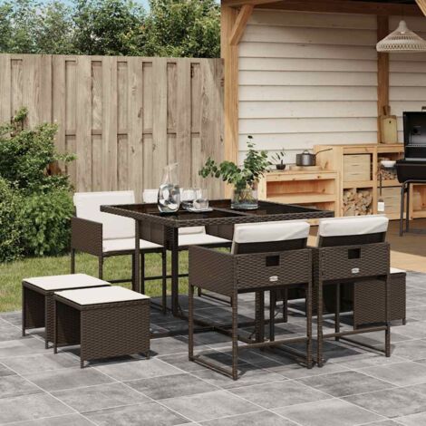 Set comedor para jardín 9 pzas y cojines ratán sintético marrón vidaXL