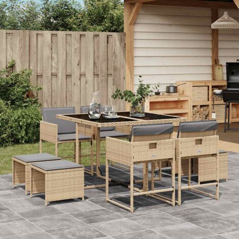 Set comedor de jardín 9 pzas con cojines ratán sintético beige vidaXL