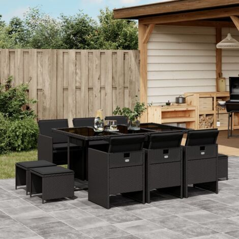 Set de comedor jardín 11 pzas con cojines ratán sintético negro vidaXL