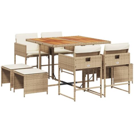 Set comedor de jardín 9 pzas con cojines ratán sintético beige vidaXL