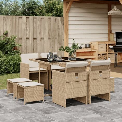 Set comedor de jardín 9 pzas con cojines ratán sintético beige vidaXL