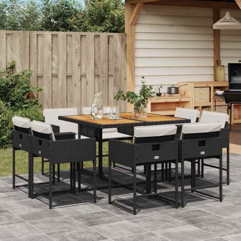 Set de comedor de jardín 9 pzas y cojines ratán sintético negro vidaXL