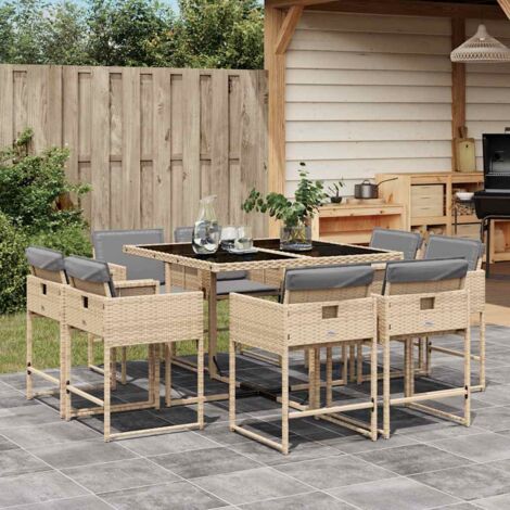 Set comedor de jardín 9 pzas con cojines ratán sintético beige vidaXL