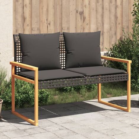 Banco de jardín con cojín ratán sintético negro y madera acacia vidaXL