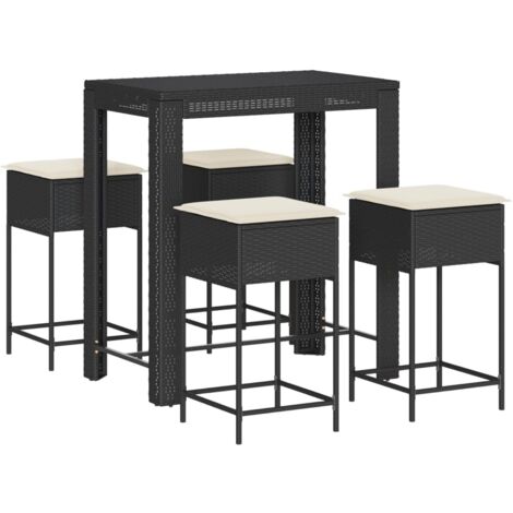 Mesa y taburetes altos jardín 5 pzas y cojines ratán PE negro vidaXL (1/5)