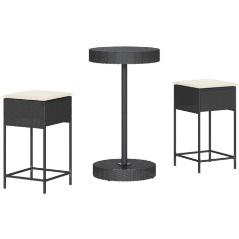 Mesa y taburetes altos jardín 3 piezas y cojines ratán PE negro vidaXL (1/5)