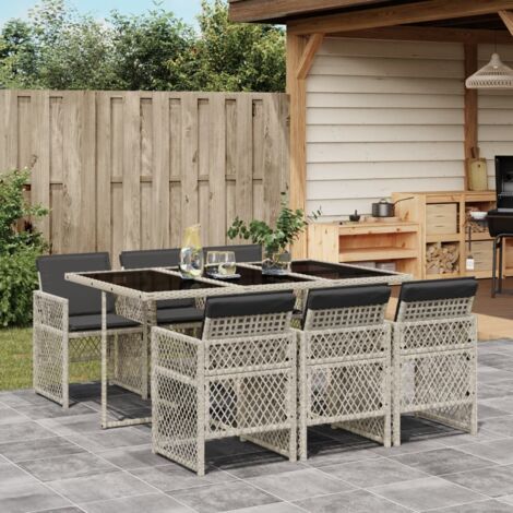 Set comedor jardín 7 pzas y cojines ratán sintético gris claro vidaXL