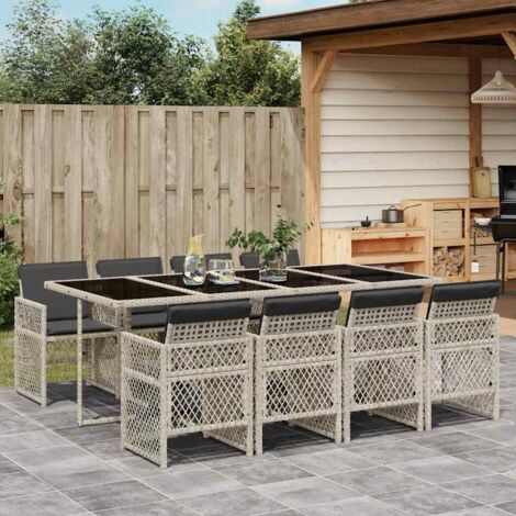 Set comedor de jardín 9 pzas cojines ratán sintético gris claro