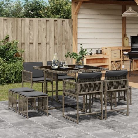 Set comedor jardín 9 pzas y cojines ratán sintético gris vidaXL