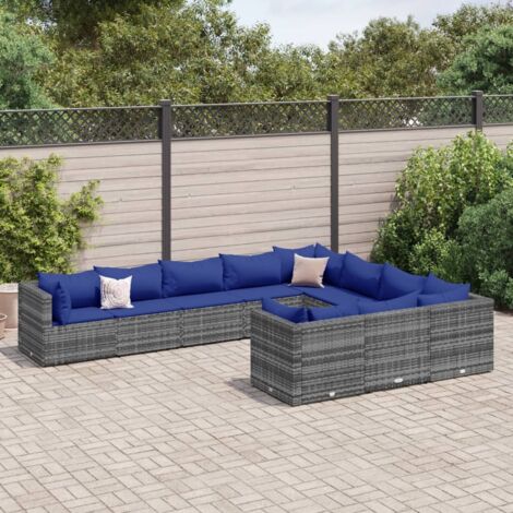 vidaXL Set de sofás de jardín y cojines 10 pzas ratán sintético gris (1/5)
