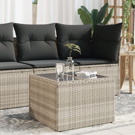 Mesa jardín superficie vidrio ratán PE gris claro 55x55x37 cm vidaXL