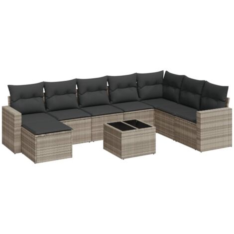 Set muebles jardín 9 pzas y cojines ratán sintético gris claro vidaXL (1/4)