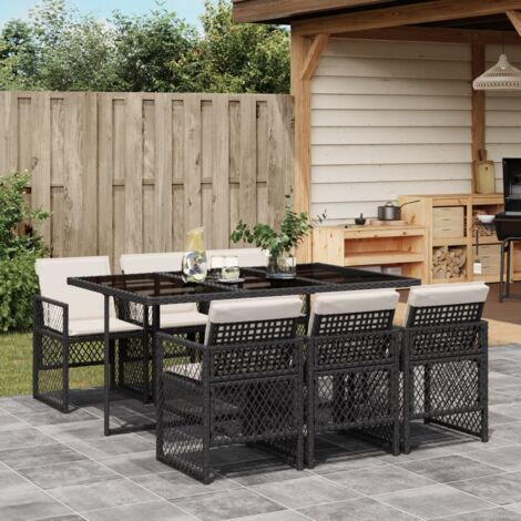 Set de comedor de jardín 7 pzas y cojines ratán sintético negro vidaXL