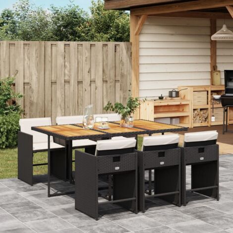 Set de comedor de jardín 7 pzas y cojines ratán sintético negro vidaXL