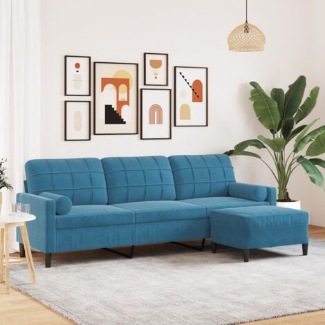 Sofá de 3 plazas con taburete de terciopelo azul 210 cm vidaXL