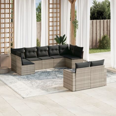 Set muebles jardín 9 pzas y cojines ratán sintético gris claro vidaXL (1/3)